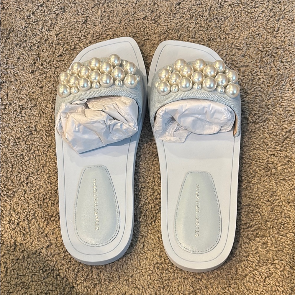 NWT Stuart Weitzman Goldie Slide light blue denim